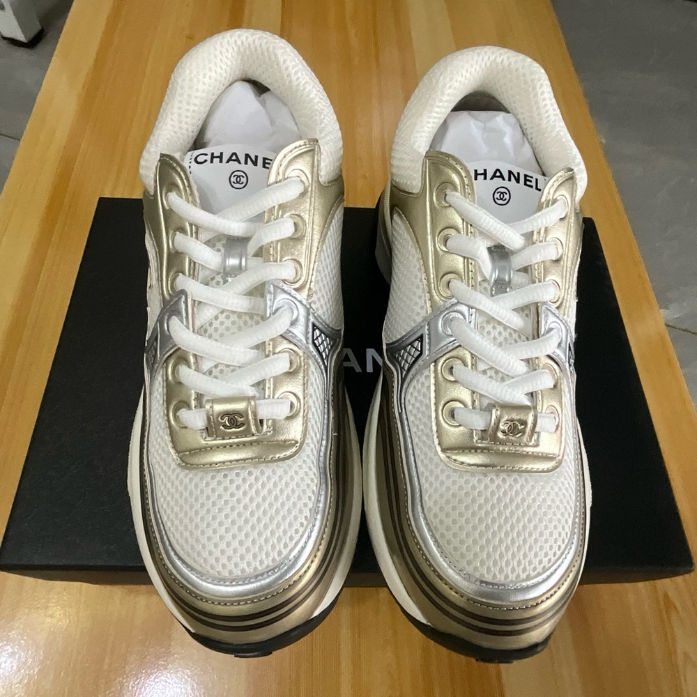 Chanel Women's White & Gold Mesh Platform Sneakers